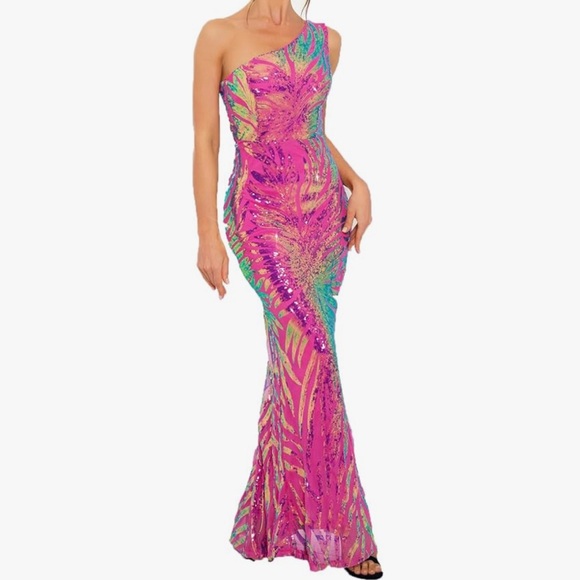 pink gold iridescent holographic long sequin glitter shiny dress mermaid prom